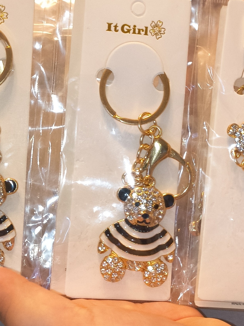 It Girl Gold Teddy Bear Keychain in Black & White